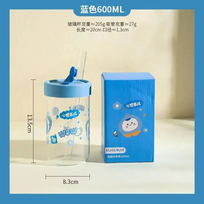 Clear glass cup with blue lid and straw featuring decorbites cartoon glass bear decals for kitchen drinkware