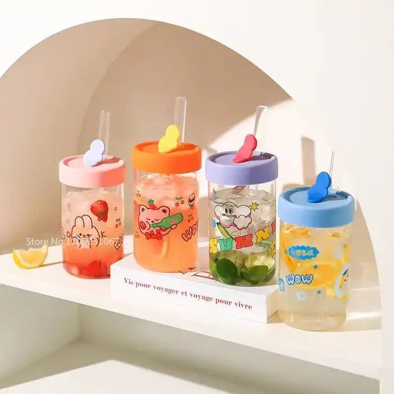 Four colorful transparent plastic cartoon glass cups with cute animal straw holders for kitchen drinkware decorbites cartoon glass
