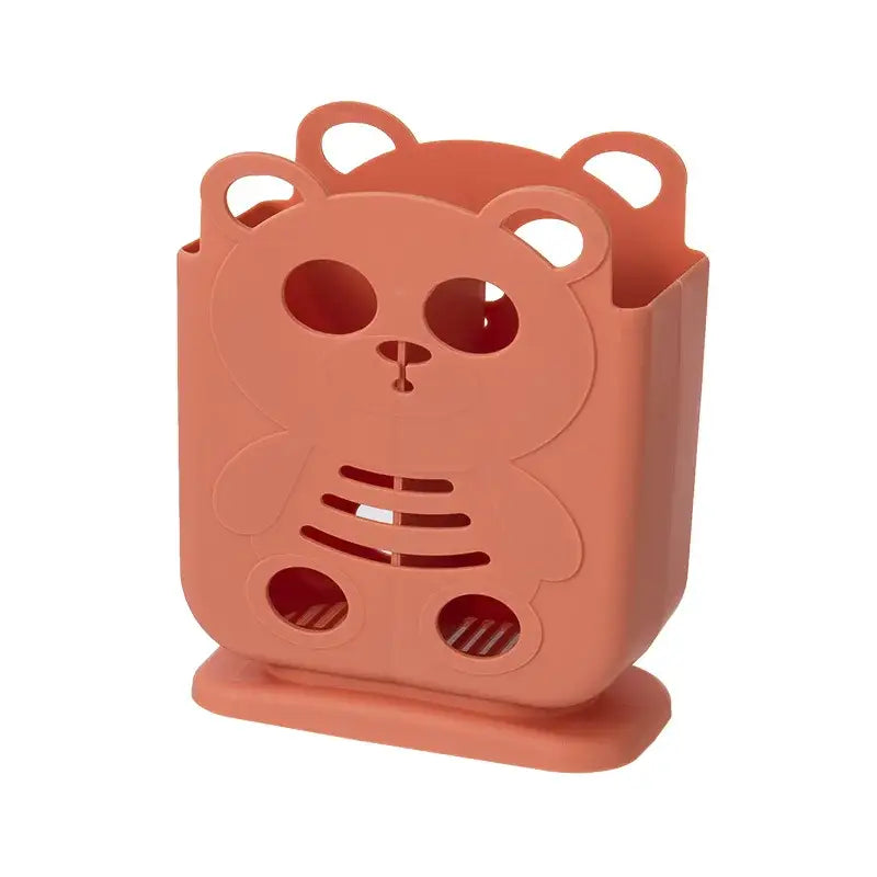 Cute coral plastic bear-shaped cutlery organizer stand with cut-out eyes and feet for kitchen storage decorbites