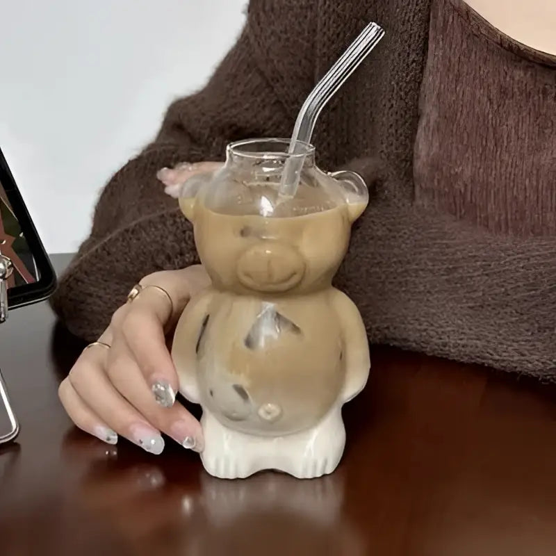 Cute beige bear glass cups with ceramic base and clear straw for kitchen coffee drinkware use