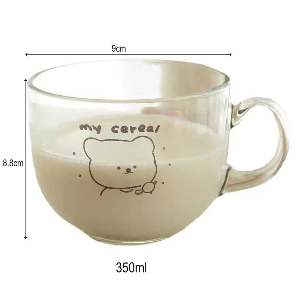 Clear glass cereal mug with cute bear print and my cereal text in black ideal as a print glass coffee cup