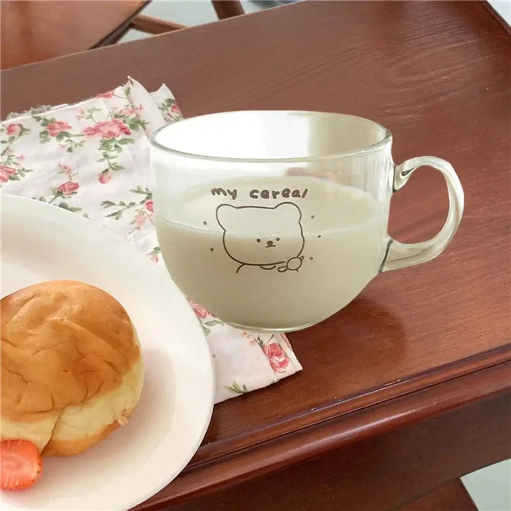 Clear glass mug featuring a cute bear print glass design with the text my cereal for coffee or kitchen use