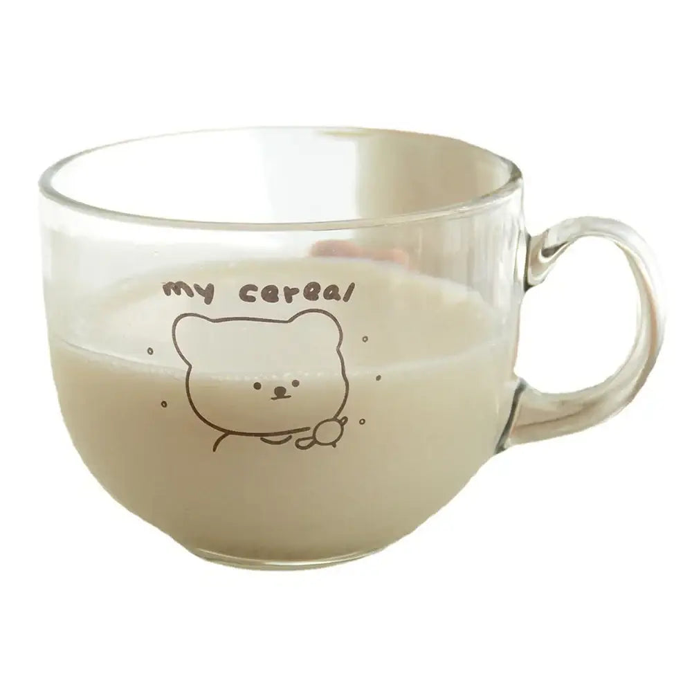 Clear glass coffee mug with cute black bear print glass illustration and my cereal text for kitchen use