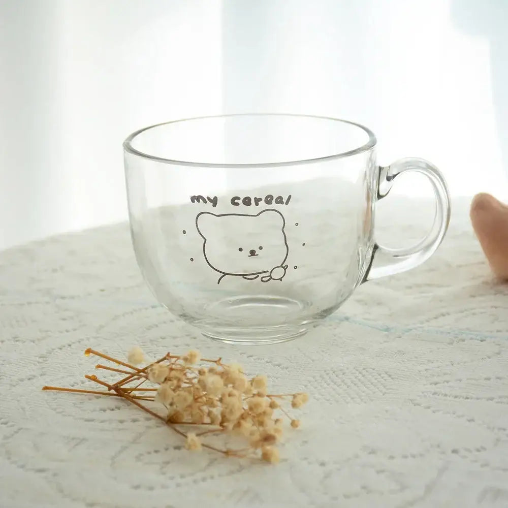 Clear glass mug with a cute bear print and my cereal text ideal as a print glass coffee or kitchen cereal cup