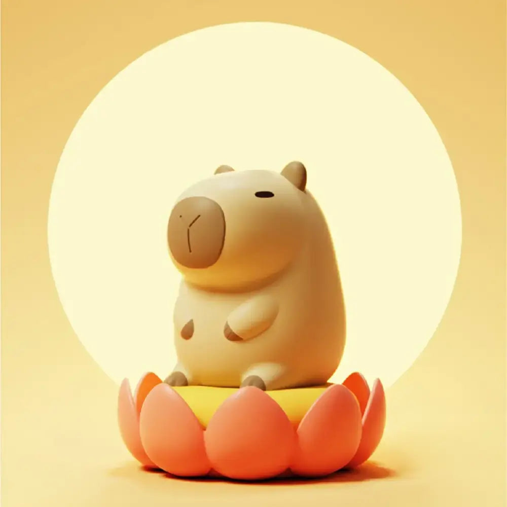 Cute beige plush capybara night light with brown nose and ears sitting on vibrant orange lotus base for kids room decorbites capybara night