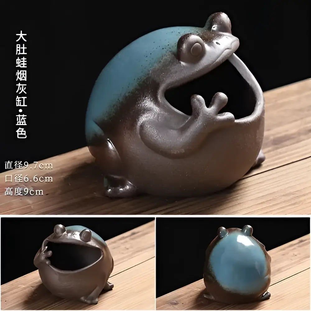 Cute big belly frog ceramic ashtray in glossy turquoise and metallic gray glaze with open mouth receptacle for living room decor