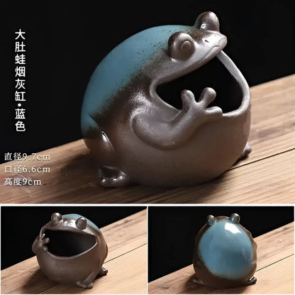 Cute big belly frog ceramic ashtray in glossy turquoise and metallic gray glaze with open mouth receptacle for living room decor