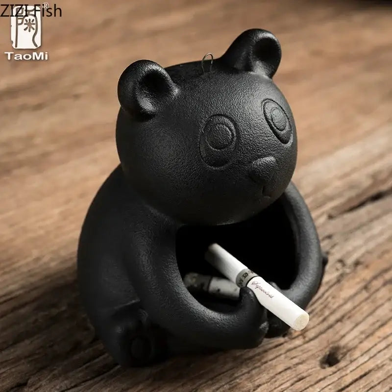 Cute black ceramic panda-shaped ashtray with matte finish and simple circular eyes for living room decor cartoon animal