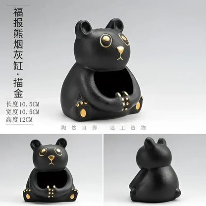Cute black and gold cartoon animal ceramic ashtray with panda design ideal for living room decor