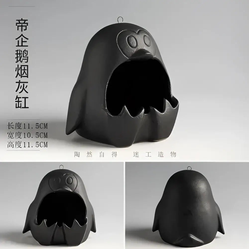 Cute black ceramic cartoon animal penguin ashtray with wide open mouth and expressive eyes for living room decor