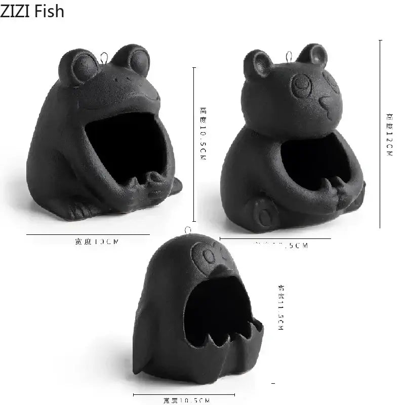 Cute black ceramic cartoon animal figurines shaped like frog panda and ghost ashtray planters for living room decor