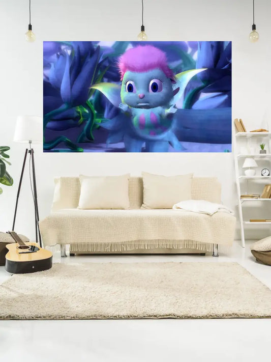 A vibrant decorbites bibble tapestry wall covering featuring a cute blue and pink creature with green wings in an underwater theme