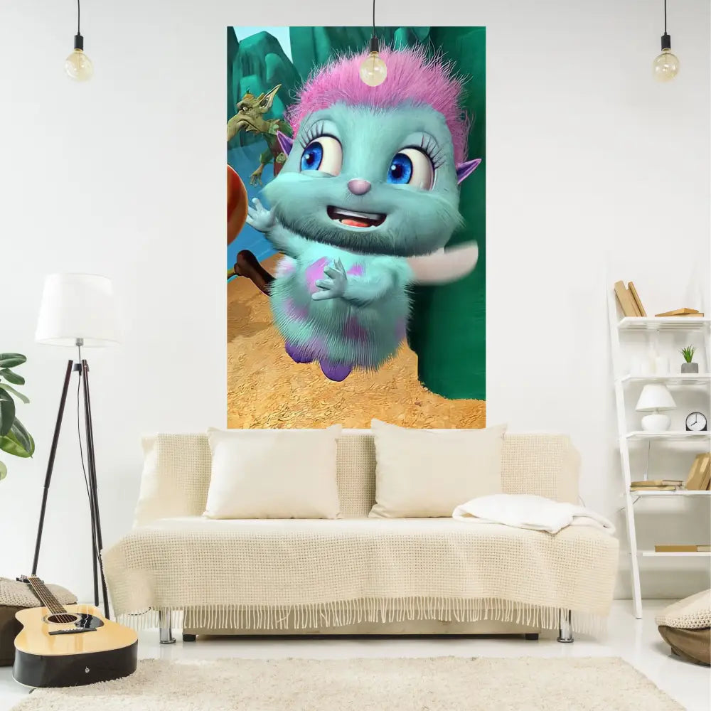 A vibrant plush-style decorbites bibble tapestry wall featuring a blue creature with pink hair for bedroom wall covering