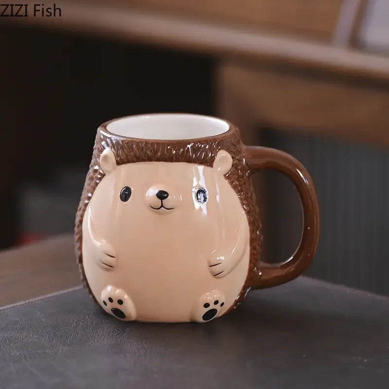 Cute cartoon animal ceramic mug shaped like a beige hedgehog with brown spines and black eyes for breakfast use