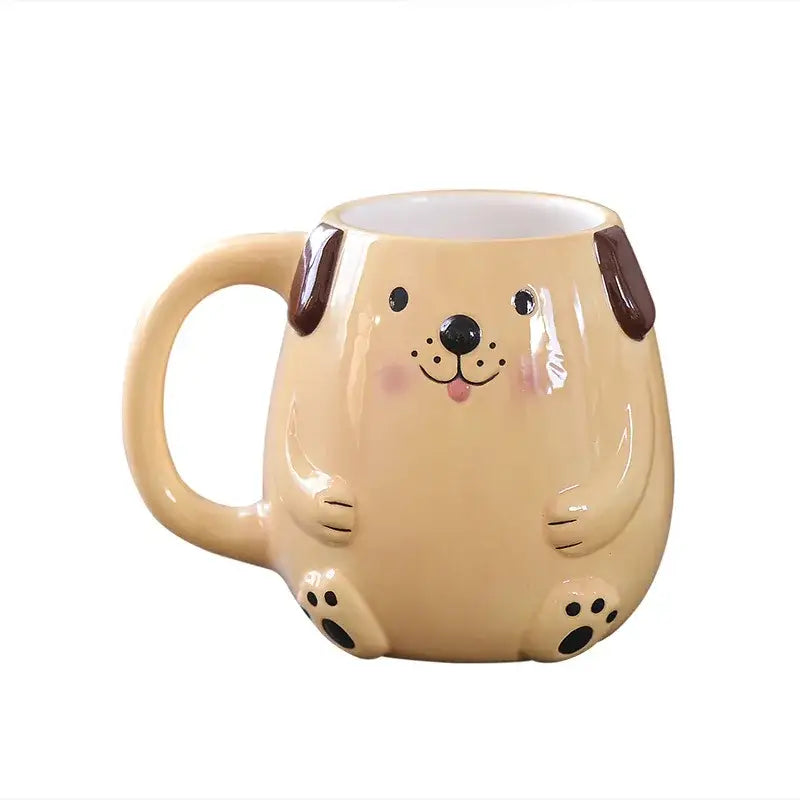 Cute cartoon animal ceramic mug beige sitting puppy design with brown ears black nose pink cheeks and paw prints