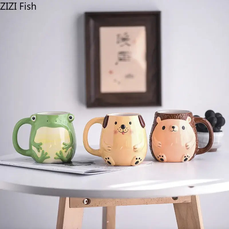 Cute cartoon animal ceramic mug set featuring green frog yellow dog and brown hedgehog animal ceramic mugs