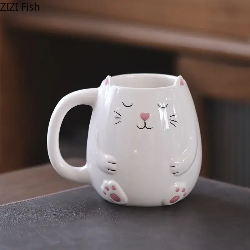 White ceramic animal ceramic mug shaped like a sleeping cat with pink accents in a cute cartoon animal set of 5