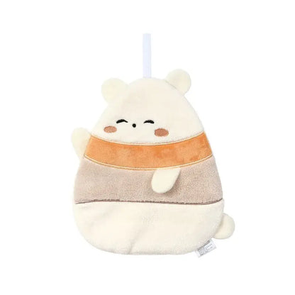 Cute cream-colored cartoon animal coral fleece hand towel shaped like a plush bear with orange and beige stripes and hanging loop