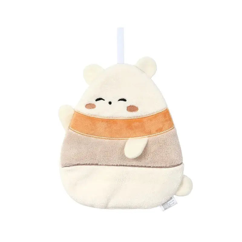 Cute cream-colored cartoon animal coral fleece hand towel shaped like a plush bear with orange and beige stripes and hanging loop