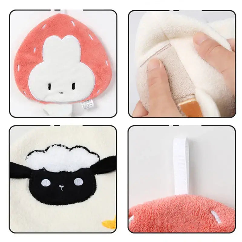 Cute coral fleece hand towel shaped like a coral strawberry with a white bunny face cartoon animal design for kitchen use