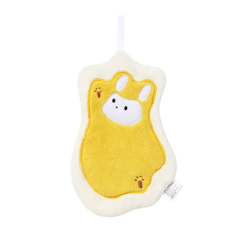 Cute cartoon animal coral fleece hand towel featuring a soft yellow and white bunny-shaped plush design for kitchen and bathroom use