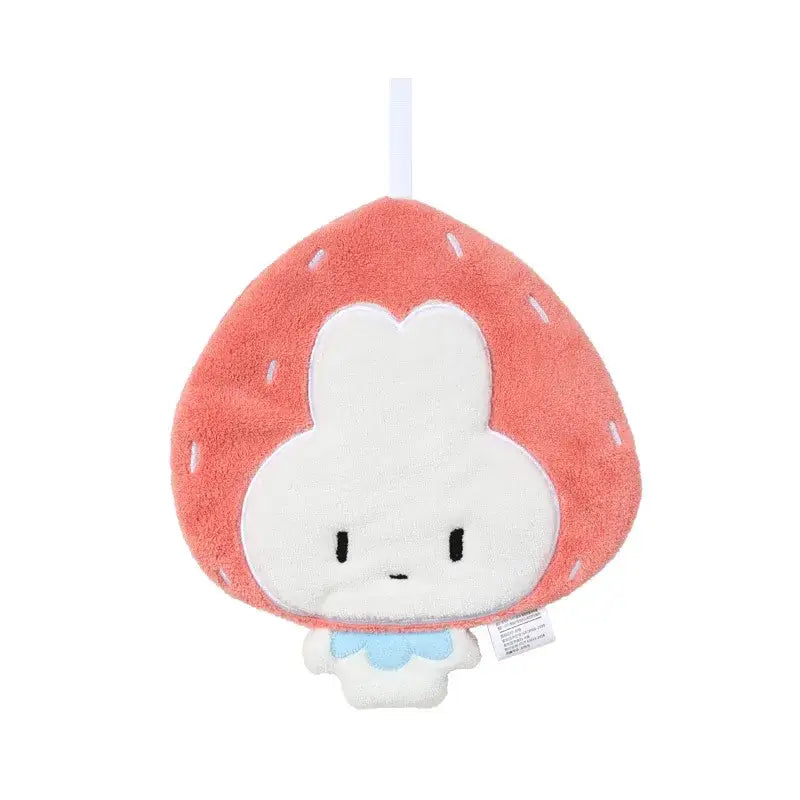 Cute pink strawberry-shaped coral fleece hand towel with a white bunny cartoon animal face for kitchen and bathroom use