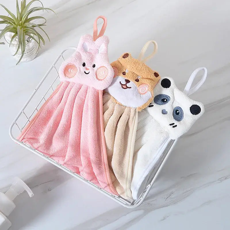 Three plush cartoon animal hand towels in pink bunny tan dog and white panda with embroidered details for decorbites decor