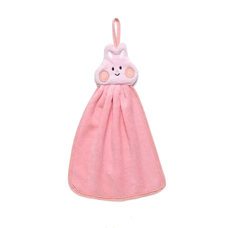 Pink plush bunny-themed hand towel with soft fluffy texture and hanging loop for decorbites cartoon animal decor