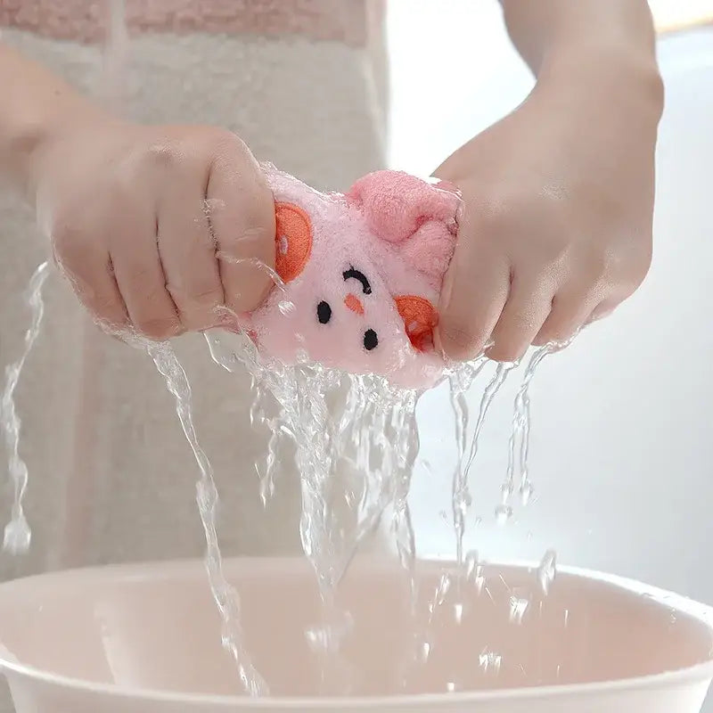 Pink plush sponge hand towel with orange ears and black dot eyes in decorbites cartoon animal hand towel set for kitchen decor