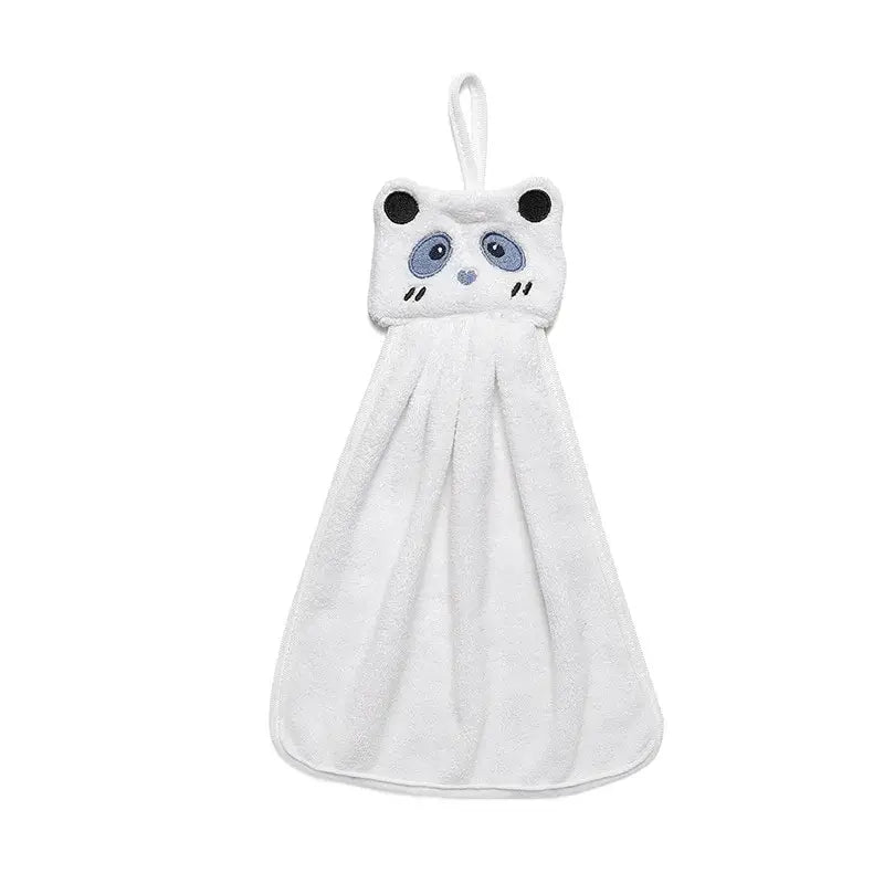 White plush panda-themed hand towel with embroidered blue eyes black nose and hanging loop for decorbites cartoon animal hand use