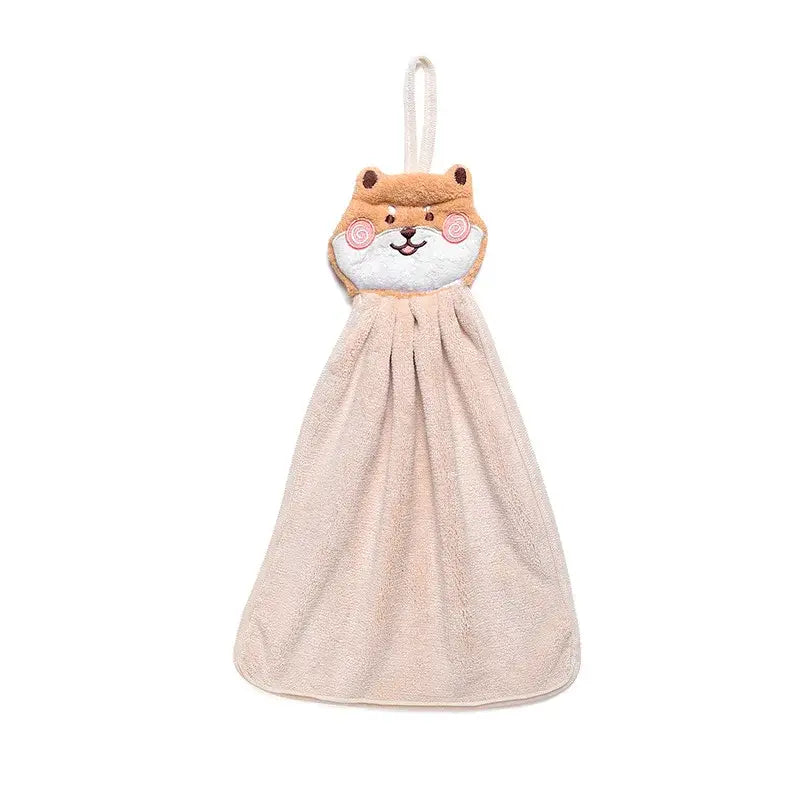 A soft beige plush hand towel with a cute embroidered shiba inu face for decorbites cartoon animal hand towel decor