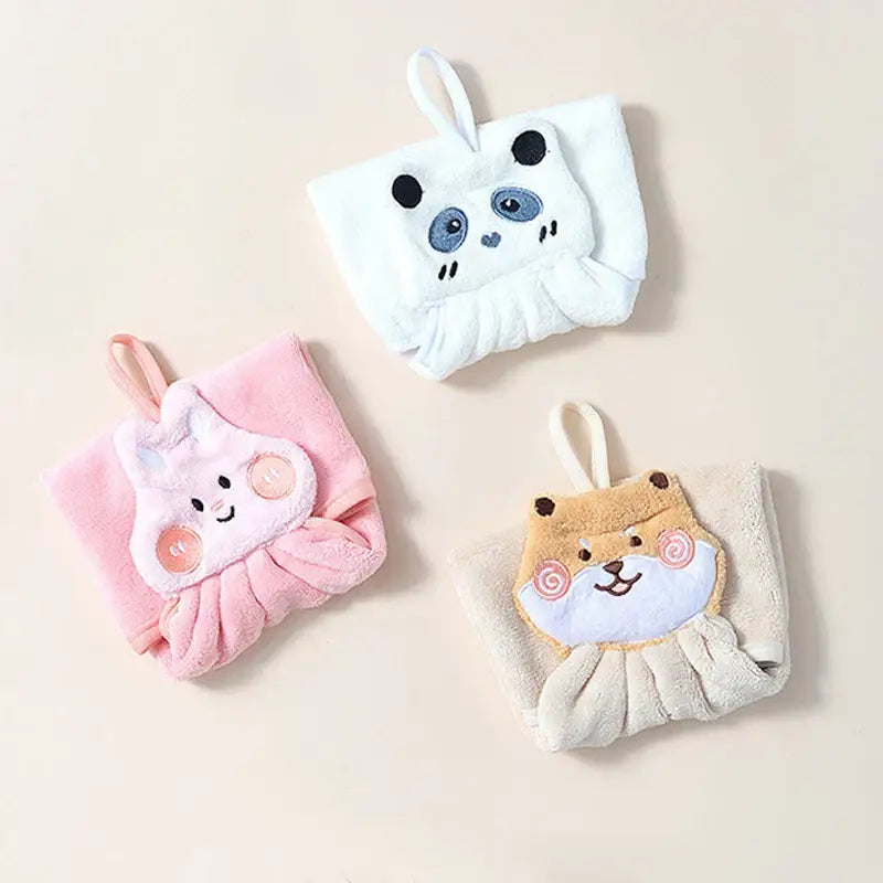 Soft plush hand towel with cute pink white or beige decorbites cartoon animal design for kitchen and bathroom decor