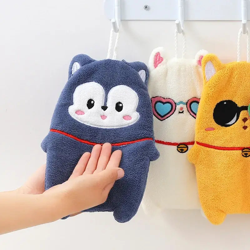 Blue plush cartoon animal hand towel with embroidered white face and red collar thickened for kitchen use