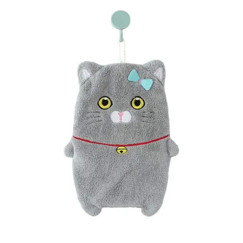 Gray plush cartoon animal hand towel with embroidered yellow eyes pink nose and light blue bow thickened plush kitchen towel