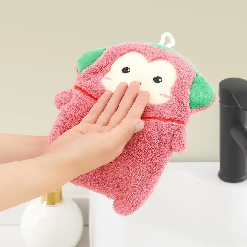 Cute cartoon animal hand towel pink plush strawberry shaped hand warmer with green leaf accents and white hook