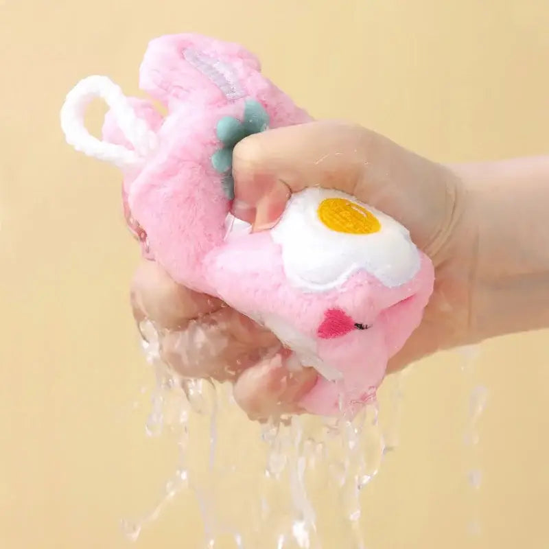 Pink plush bunny-shaped thickened cartoon animal hand towel with white and yellow egg design for kitchen use