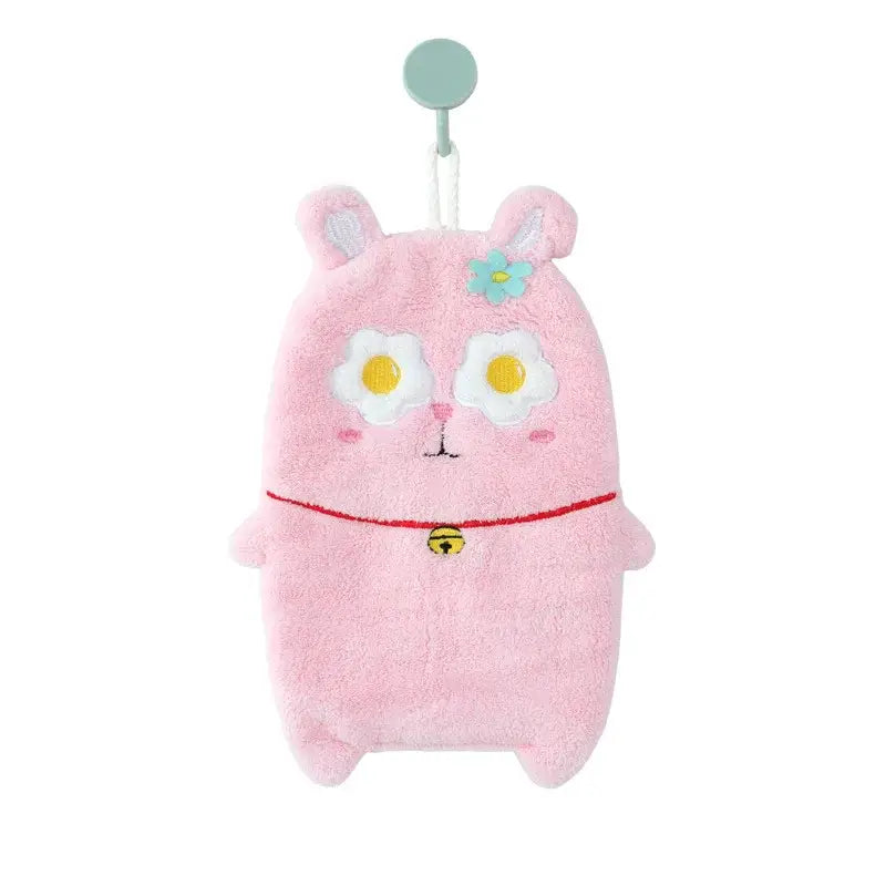 Cute cartoon animal hand towel pink plush bunny with embroidered eyes blue flower and red collar with golden bell