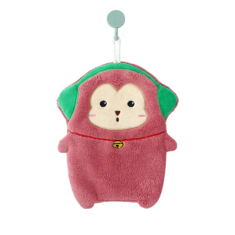 Cute cartoon animal hand towel pink plush monkey shape with green ears and yellow bell thickened kitchen towel