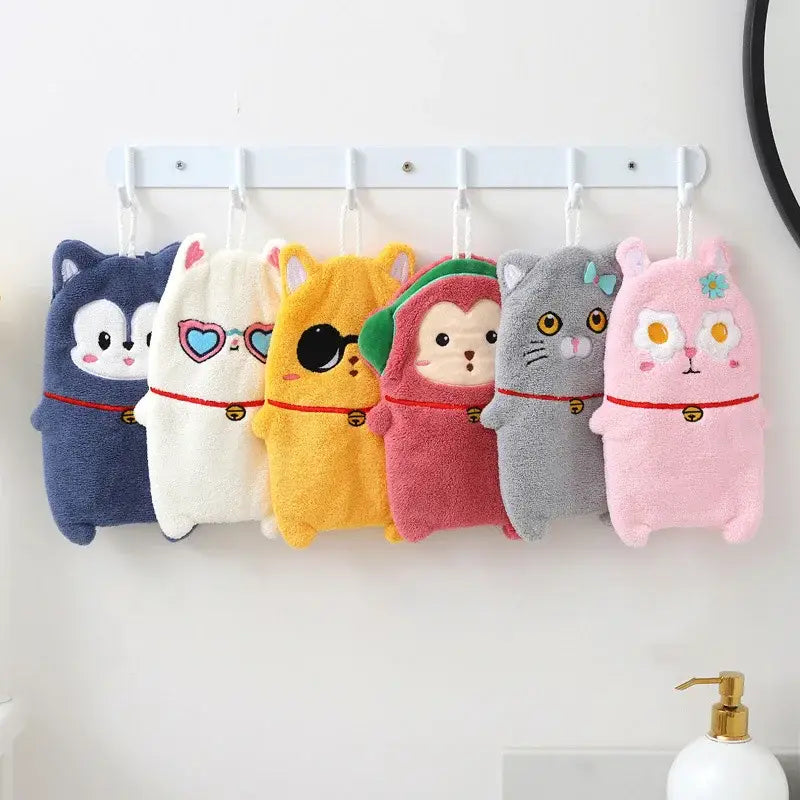 A set of five cute cartoon animal hand towels in blue white yellow pink and gray thickened plush with embroidered faces