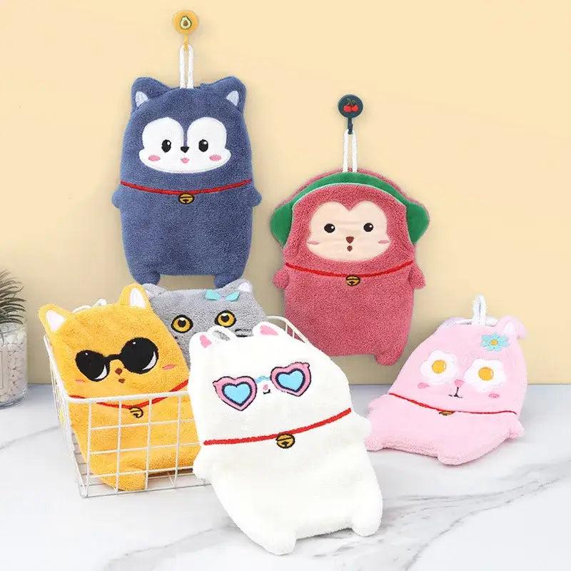 Cute cartoon animal hand towels made of thickened plush fabric in soft colors with embroidered faces and red collars