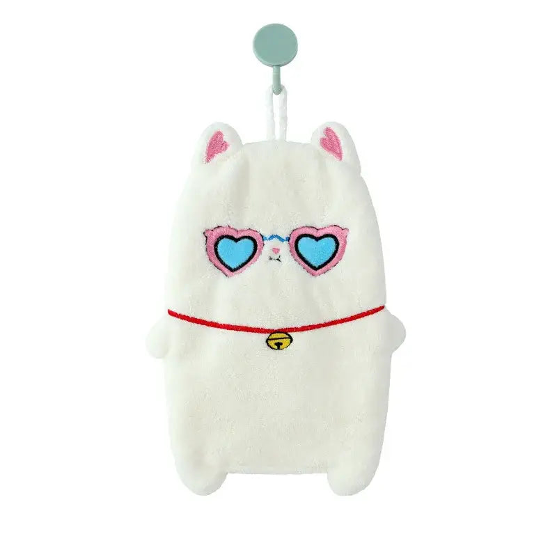 White plush thickened cartoon animal hand towel shaped like a cat with pink heart sunglasses, red collar, and gold bell
