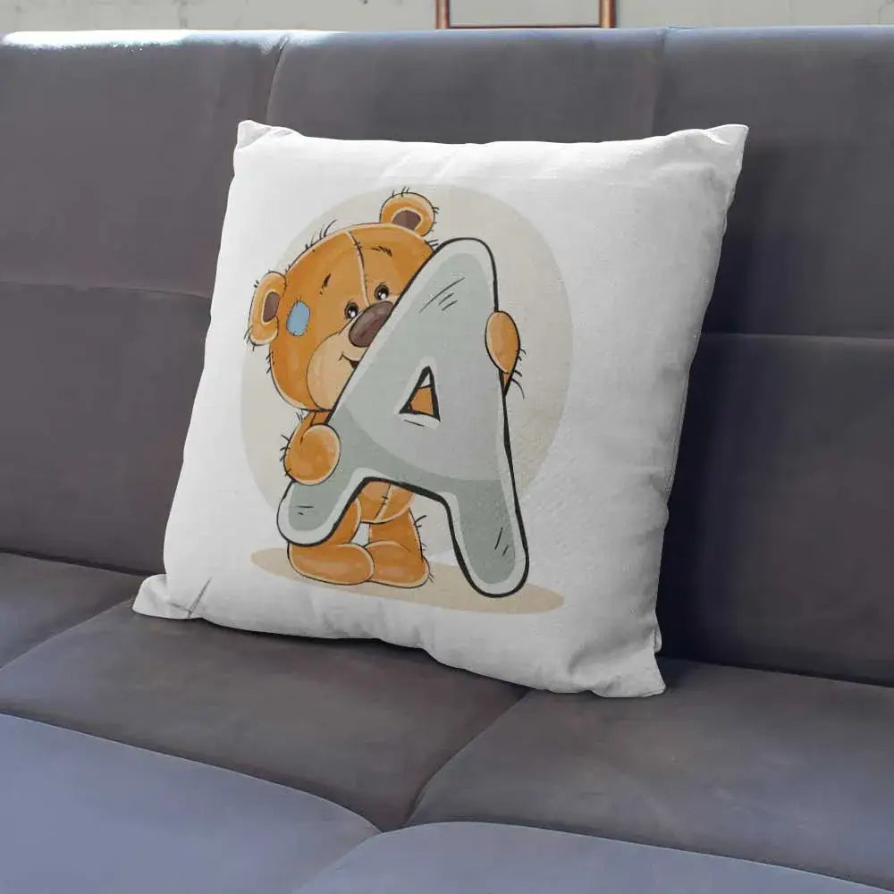 White pillow case with a cute cartoon bear animal holding a gray letter a for bedroom decor