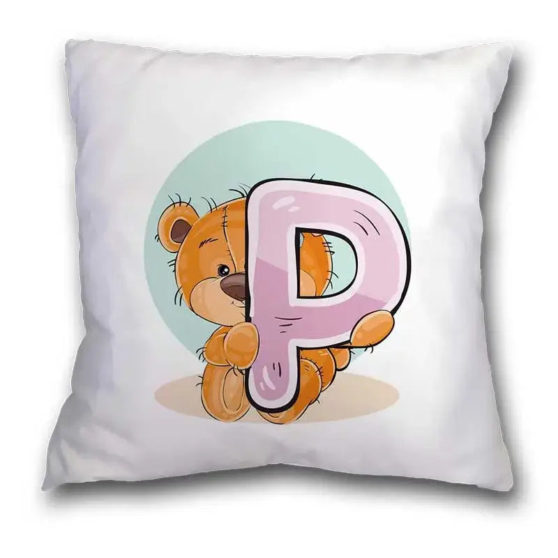White pillow case with a cute cartoon bear animal holding a pink letter p on a light blue circular background