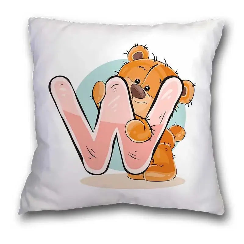 White pillow case featuring a cute cartoon bear animal holding a pink letter w for bedroom decor