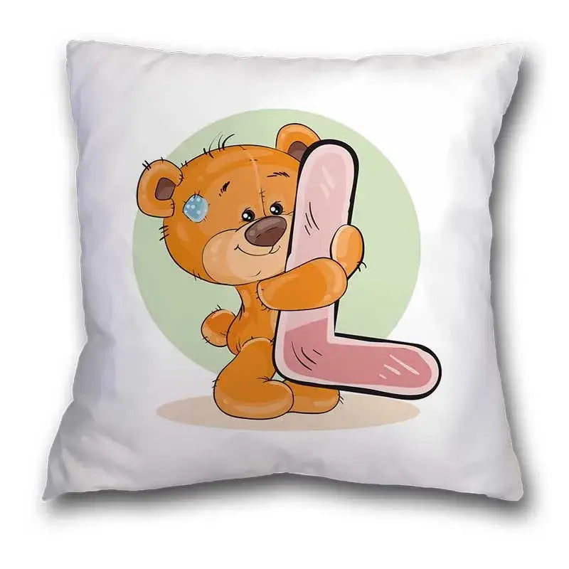 White throw pillow case with cute cartoon bear holding pink letter l for bedroom decor featuring cartoon bear animal