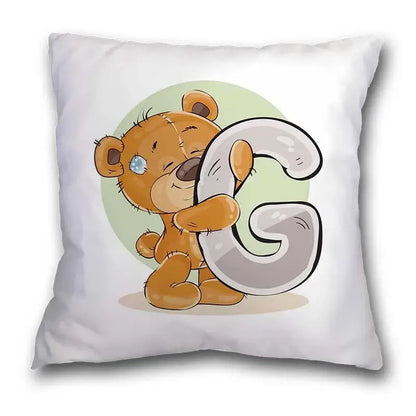 White throw pillow case featuring a cute cartoon bear animal holding a large gray letter g for bedroom decor