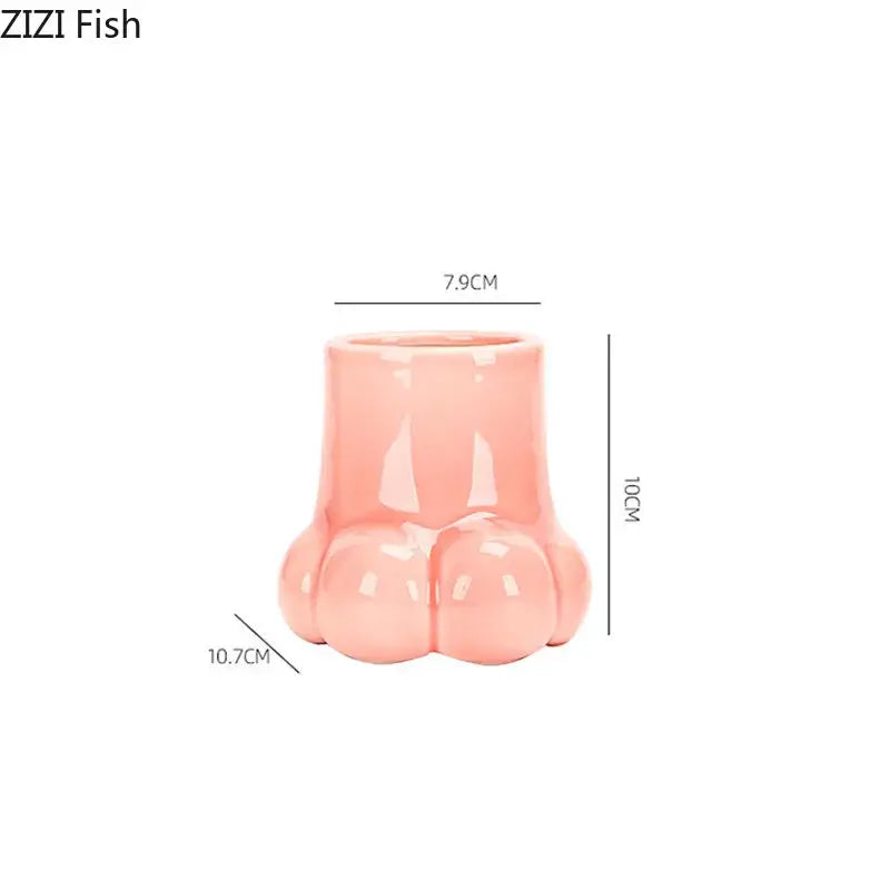 Glossy pink ceramic planter shaped like a cat paw for cute cartoon cat living room decor vase set