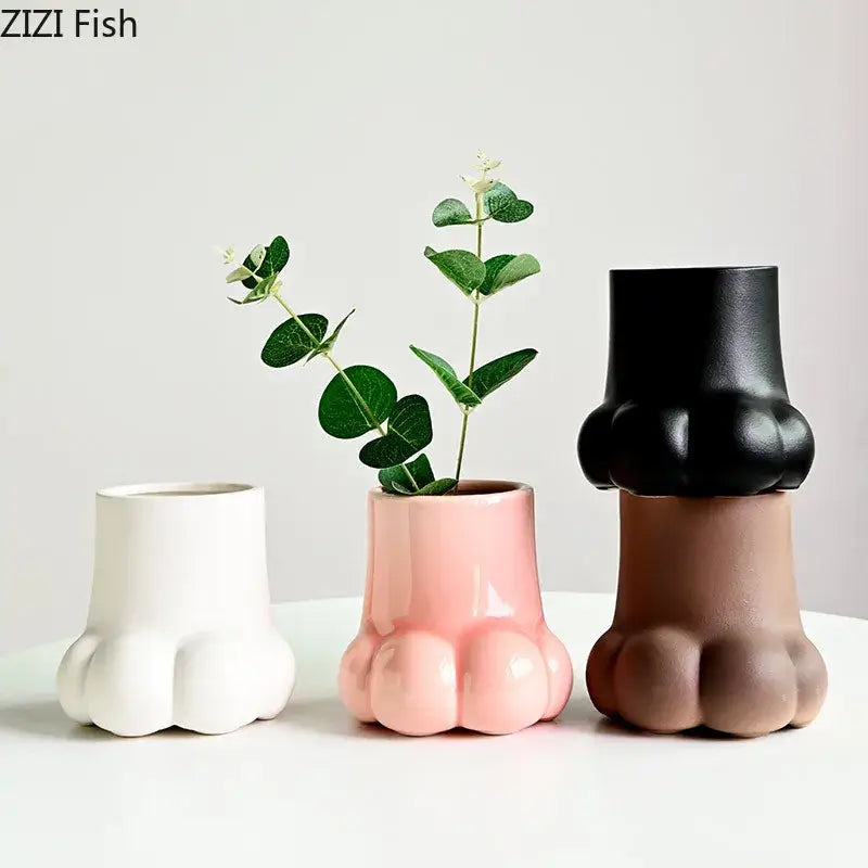 Three cute cartoon cat ceramic paw-shaped planters in white pink and brown with glossy finish for living room decor