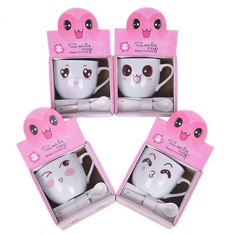 White ceramic cartoon coffee mug set with cute faces and pink packaging ideal for kitchen couple gift decorbites cartoon coffee