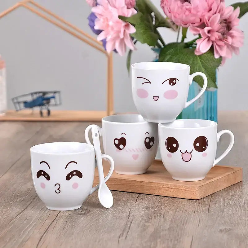 White ceramic cartoon coffee mug set with cute brown eyes pink cheeks decorbites cartoon coffee kitchen gift